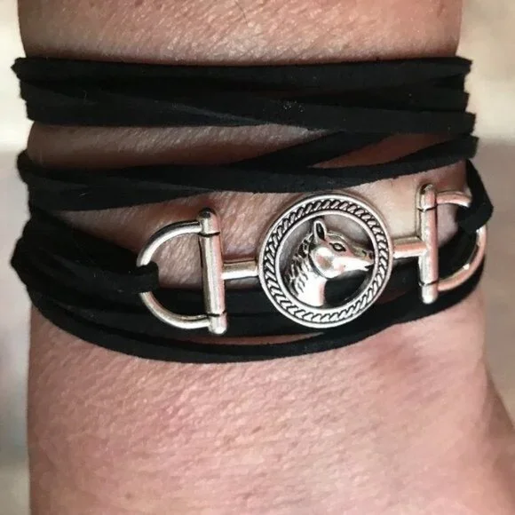 Tie Wrap Horse Bit Silver Bracelet Cuff Yoga Boho Cowboy Vegan Faux Leather - Picture 2 of 4